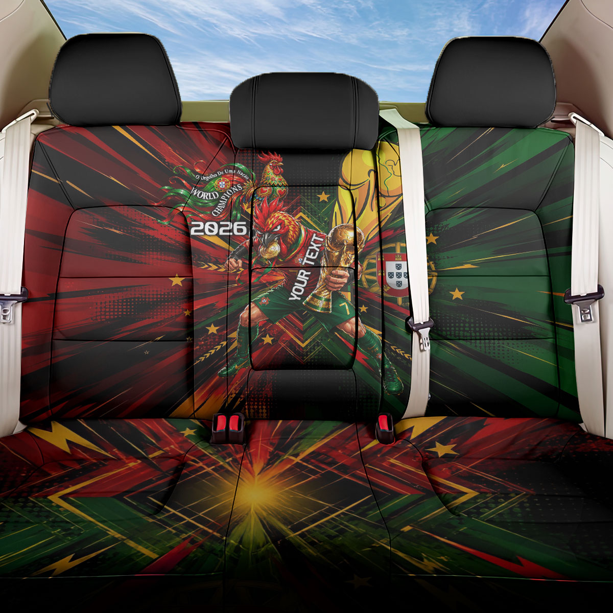 Personalized Portugal Football Champions 2026 Back Car Seat Cover Rooster Mascot Comic Trophy Soccer Ball