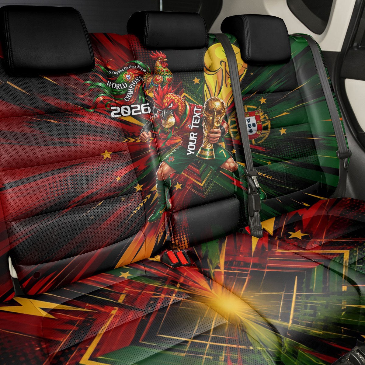 Personalized Portugal Football Champions 2026 Back Car Seat Cover Rooster Mascot Comic Trophy Soccer Ball