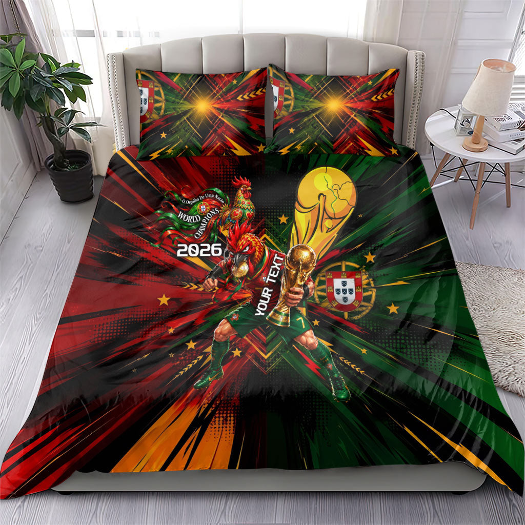 Personalized Portugal Football Champions 2026 Bedding Set Rooster Mascot Comic Trophy Soccer Ball