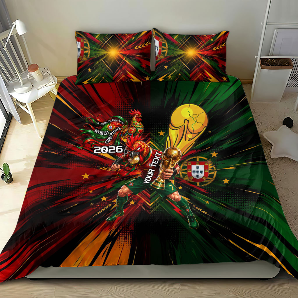 Personalized Portugal Football Champions 2026 Bedding Set Rooster Mascot Comic Trophy Soccer Ball
