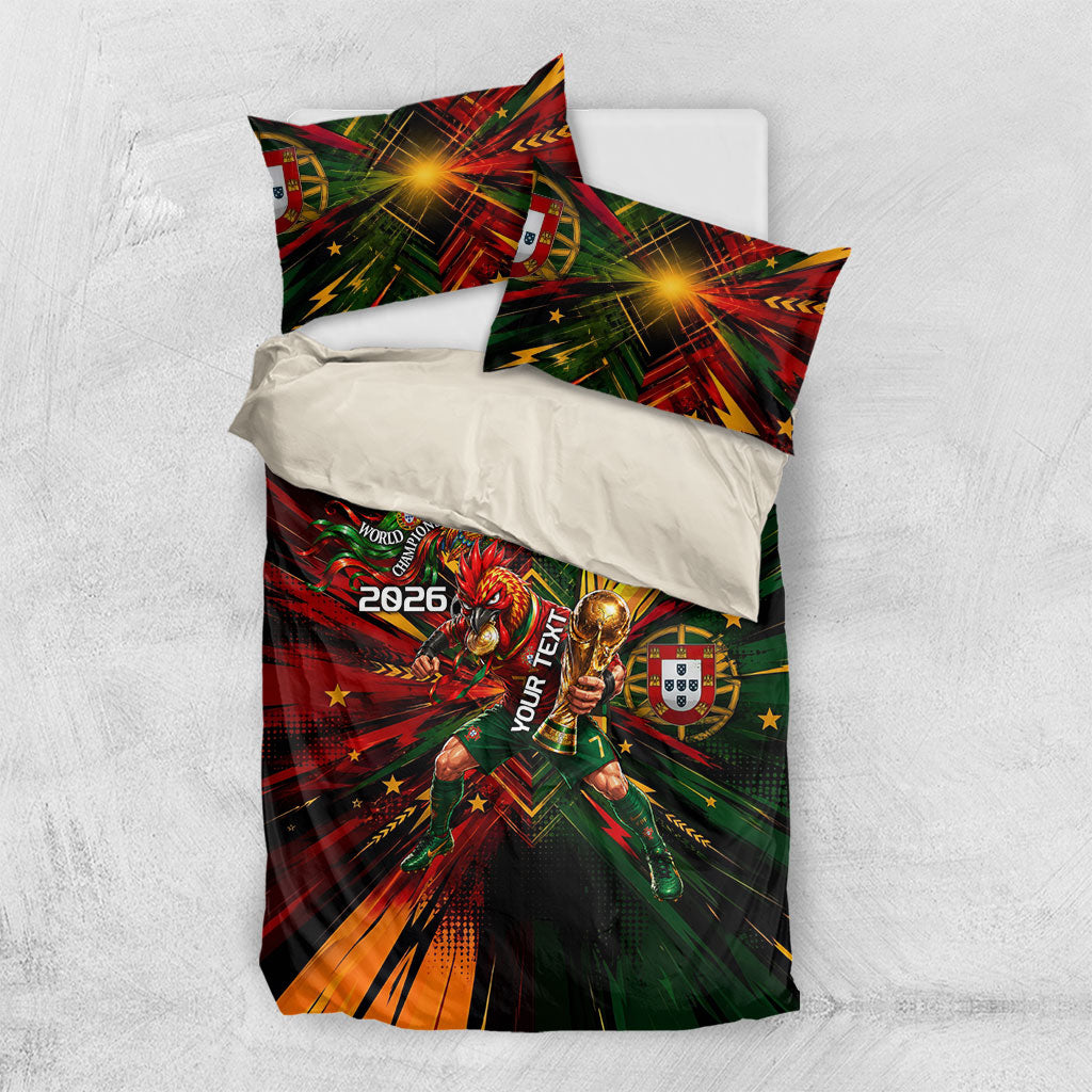 Personalized Portugal Football Champions 2026 Bedding Set Rooster Mascot Comic Trophy Soccer Ball