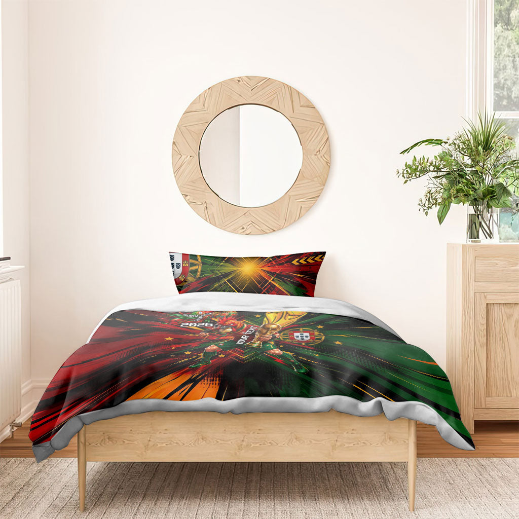 Personalized Portugal Football Champions 2026 Bedding Set Rooster Mascot Comic Trophy Soccer Ball