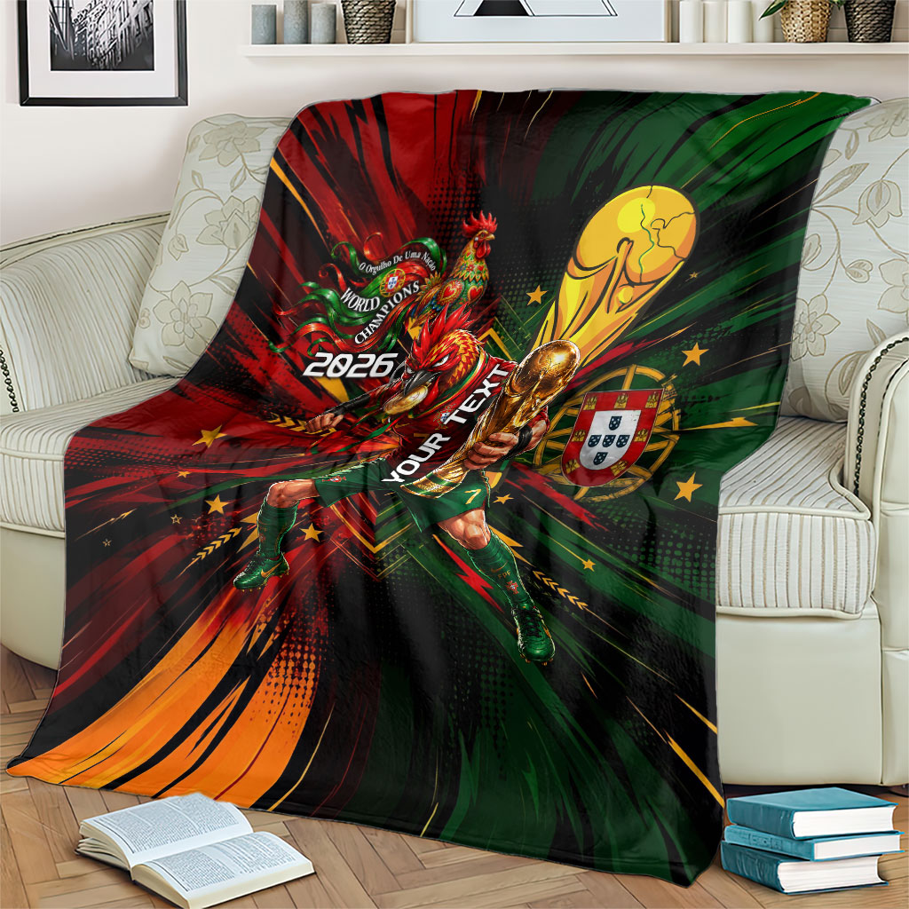 Personalized Portugal Football Champions 2026 Blanket Rooster Mascot Comic Trophy Soccer Ball