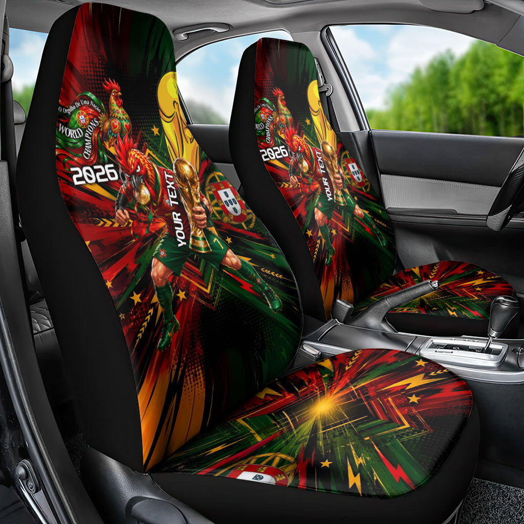 Personalized Portugal Football Champions 2026 Car Seat Cover Rooster Mascot Comic Trophy Soccer Ball