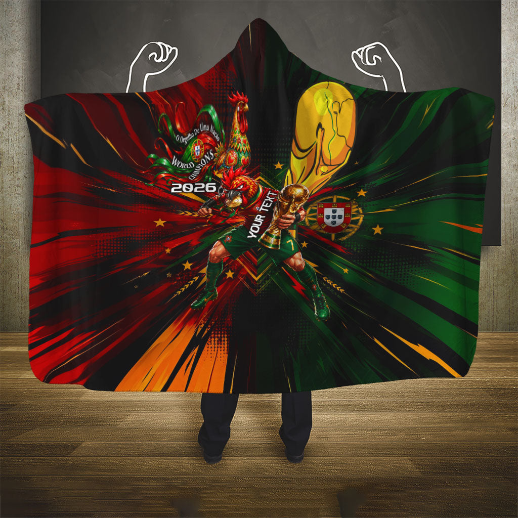 Personalized Portugal Football Champions 2026 Hooded Blanket Rooster Mascot Comic Trophy Soccer Ball
