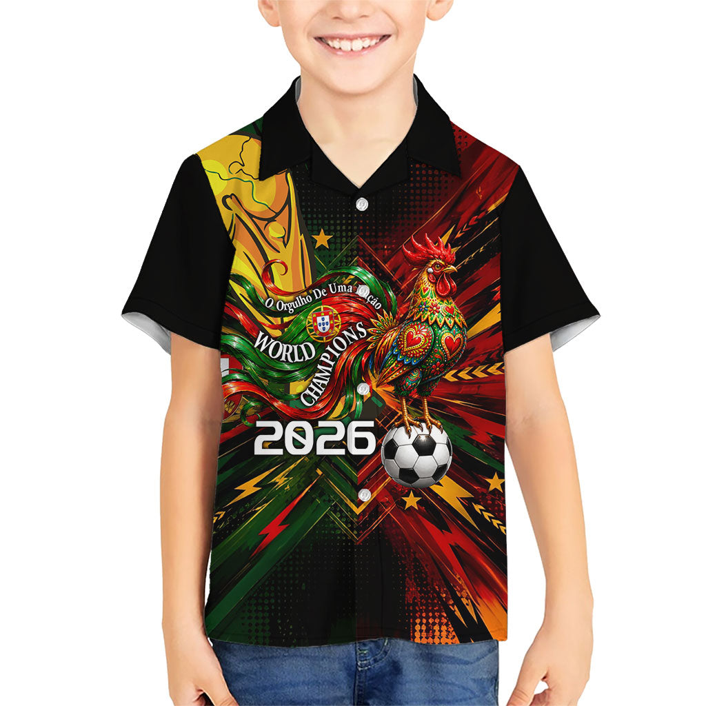 Personalized Portugal Football Champions 2026 Kid Hawaiian Shirt Rooster Mascot Comic Trophy Soccer Ball