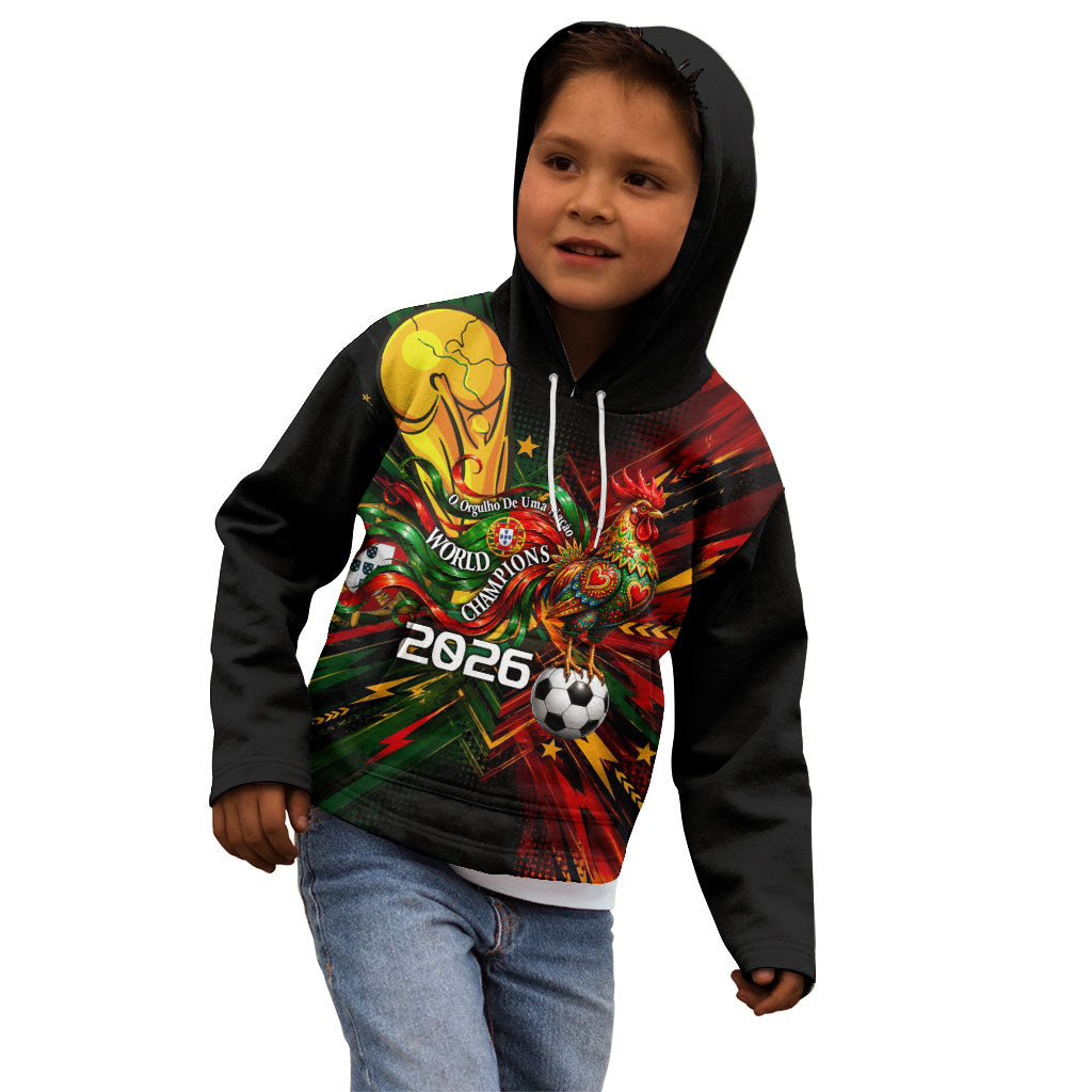 Personalized Portugal Football Champions 2026 Kid Hoodie Rooster Mascot Comic Trophy Soccer Ball