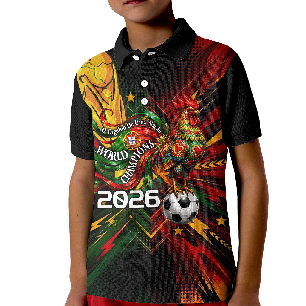 Personalized Portugal Football Champions 2026 Kid Polo Shirt Rooster Mascot Comic Trophy Soccer Ball