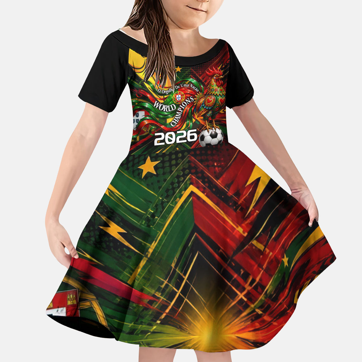 Personalized Portugal Football Champions 2026 Kid Short Sleeve Dress Rooster Mascot Comic Trophy Soccer Ball