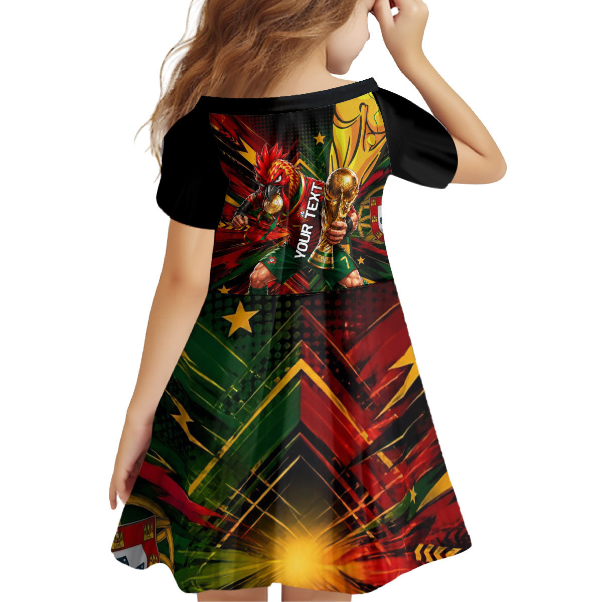 Personalized Portugal Football Champions 2026 Kid Short Sleeve Dress Rooster Mascot Comic Trophy Soccer Ball
