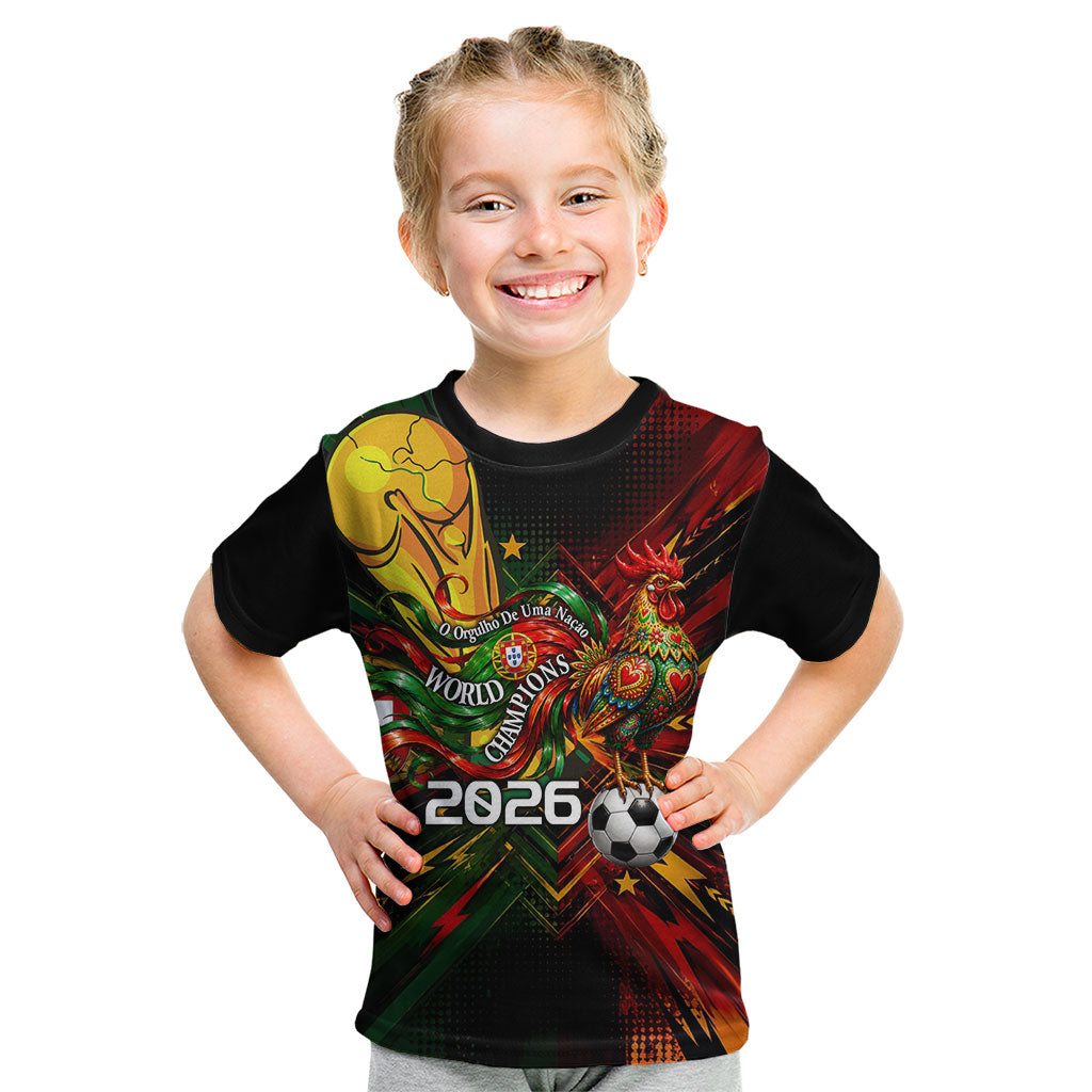 Personalized Portugal Football Champions 2026 Kid T Shirt Rooster Mascot Comic Trophy Soccer Ball