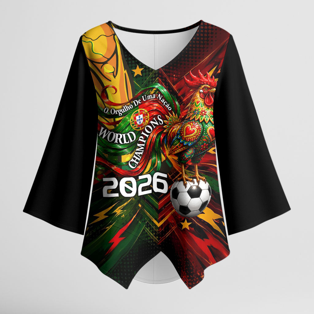 Personalized Portugal Football Champions 2026 Kimono Sleeve Blouse Rooster Mascot Comic Trophy Soccer Ball