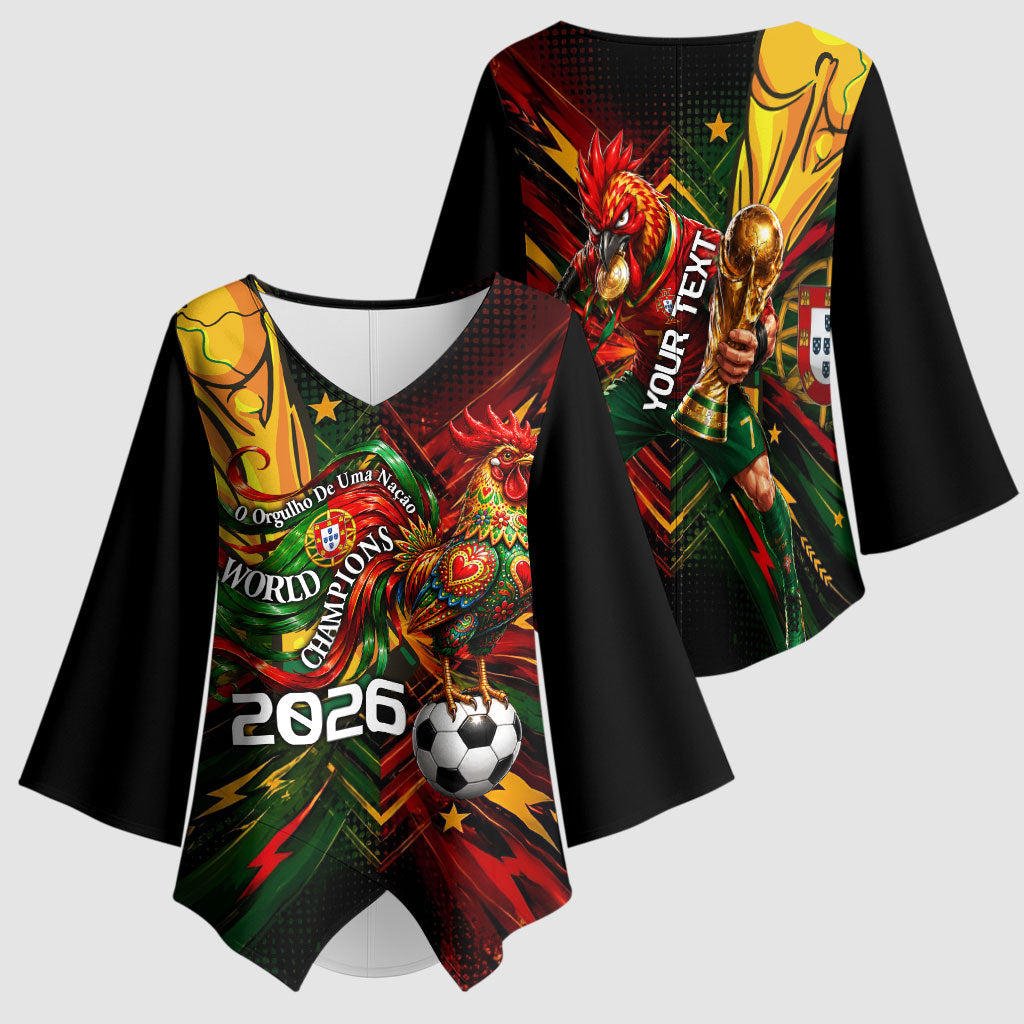 Personalized Portugal Football Champions 2026 Kimono Sleeve Blouse Rooster Mascot Comic Trophy Soccer Ball