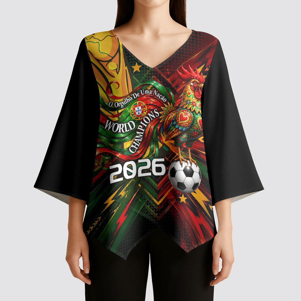 Personalized Portugal Football Champions 2026 Kimono Sleeve Blouse Rooster Mascot Comic Trophy Soccer Ball