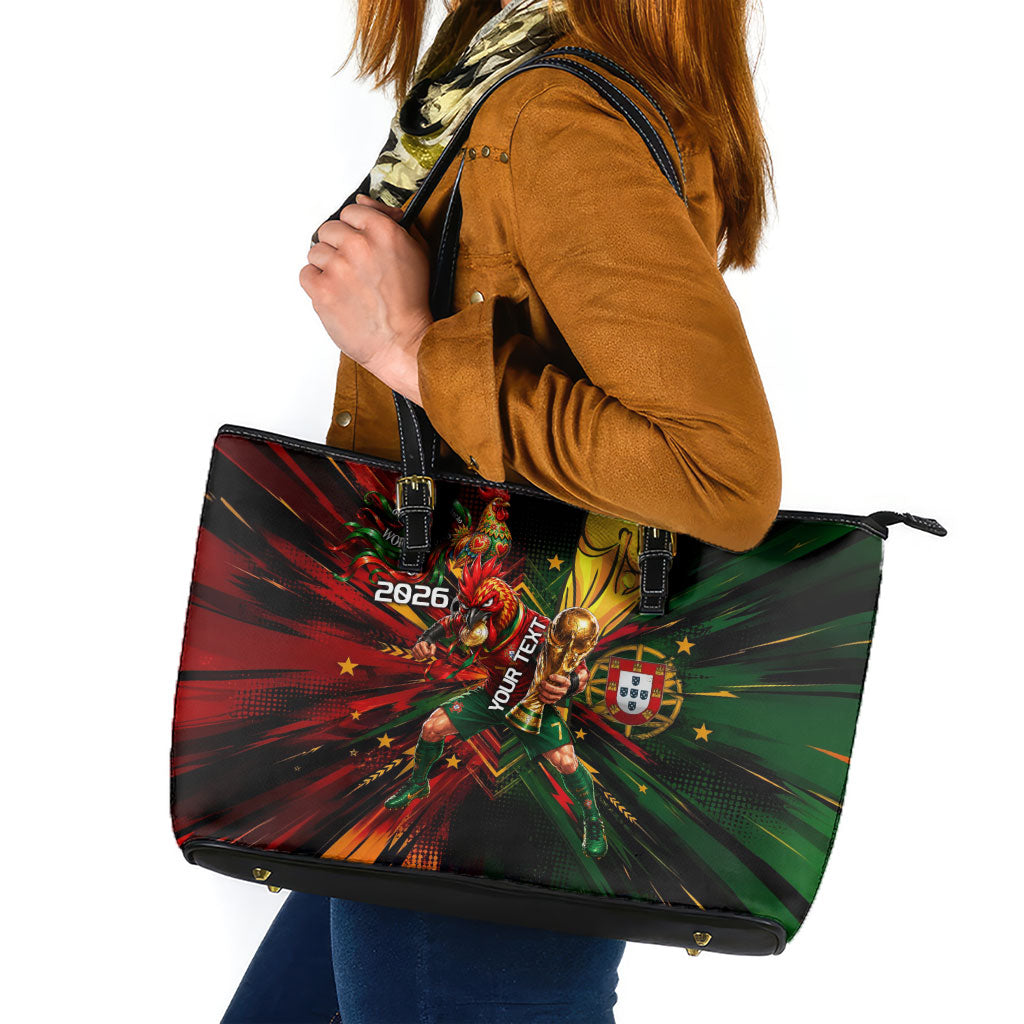 Personalized Portugal Football Champions 2026 Leather Tote Bag Rooster Mascot Comic Trophy Soccer Ball