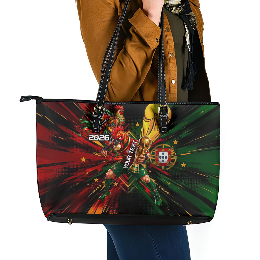 Personalized Portugal Football Champions 2026 Leather Tote Bag Rooster Mascot Comic Trophy Soccer Ball