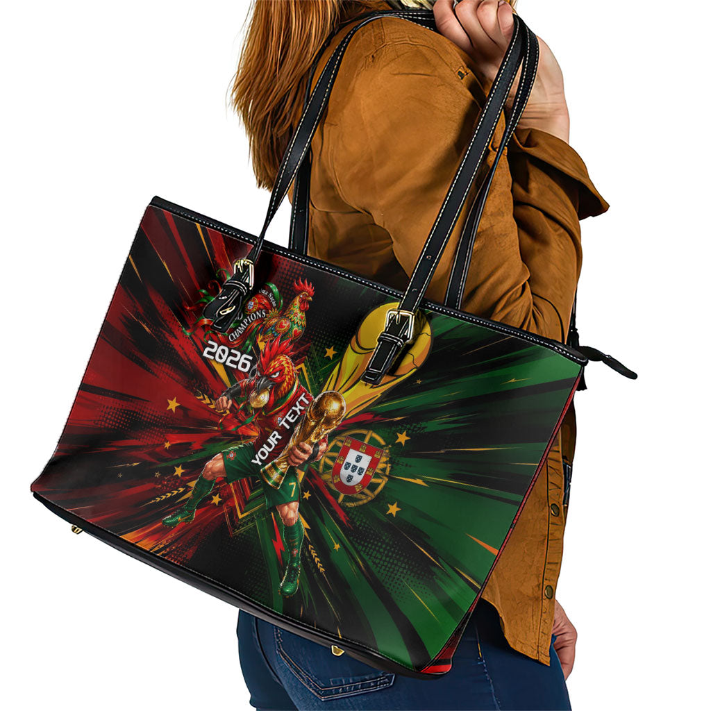 Personalized Portugal Football Champions 2026 Leather Tote Bag Rooster Mascot Comic Trophy Soccer Ball