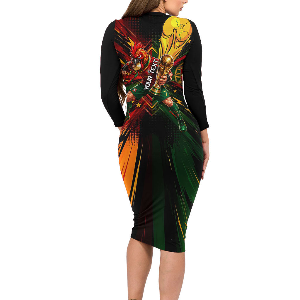 Personalized Portugal Football Champions 2026 Long Sleeve Bodycon Dress Rooster Mascot Comic Trophy Soccer Ball
