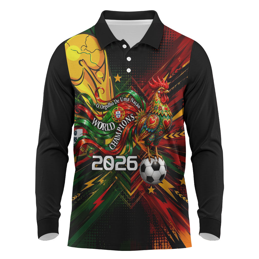 Personalized Portugal Football Champions 2026 Long Sleeve Polo Shirt Rooster Mascot Comic Trophy Soccer Ball