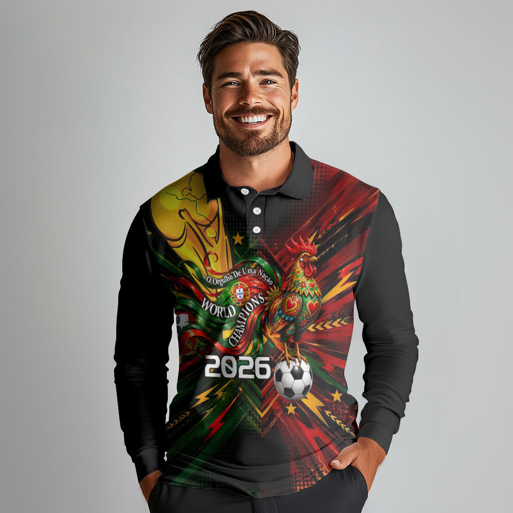 Personalized Portugal Football Champions 2026 Long Sleeve Polo Shirt Rooster Mascot Comic Trophy Soccer Ball