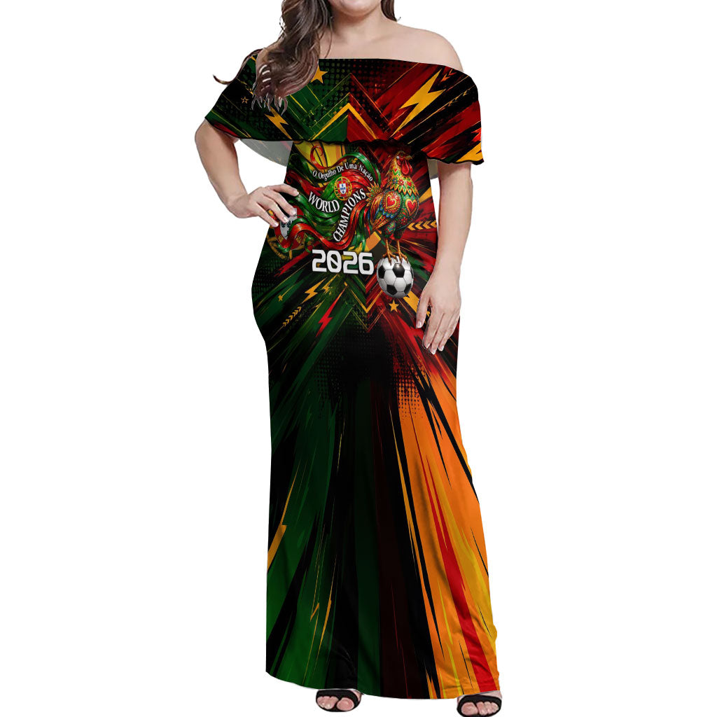 Personalized Portugal Football Champions 2026 Off Shoulder Maxi Dress Rooster Mascot Comic Trophy Soccer Ball