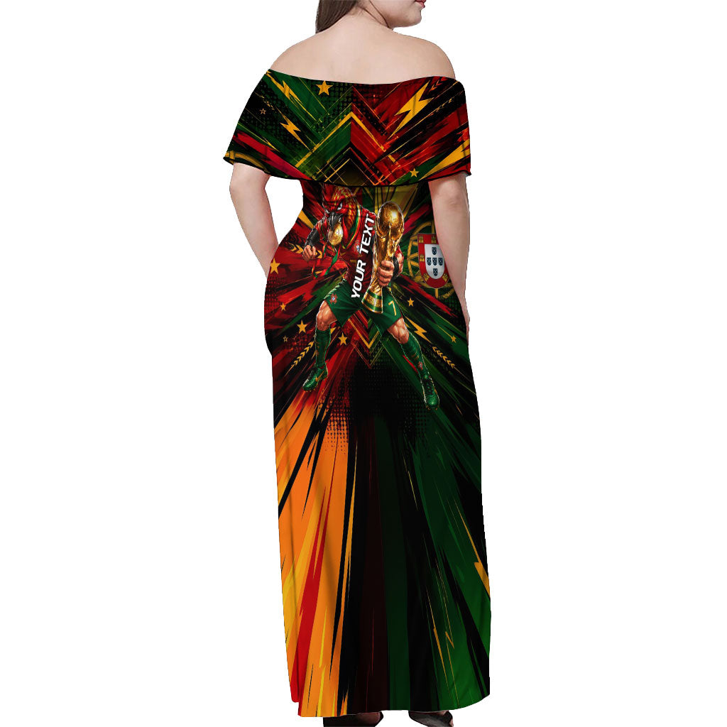 Personalized Portugal Football Champions 2026 Off Shoulder Maxi Dress Rooster Mascot Comic Trophy Soccer Ball