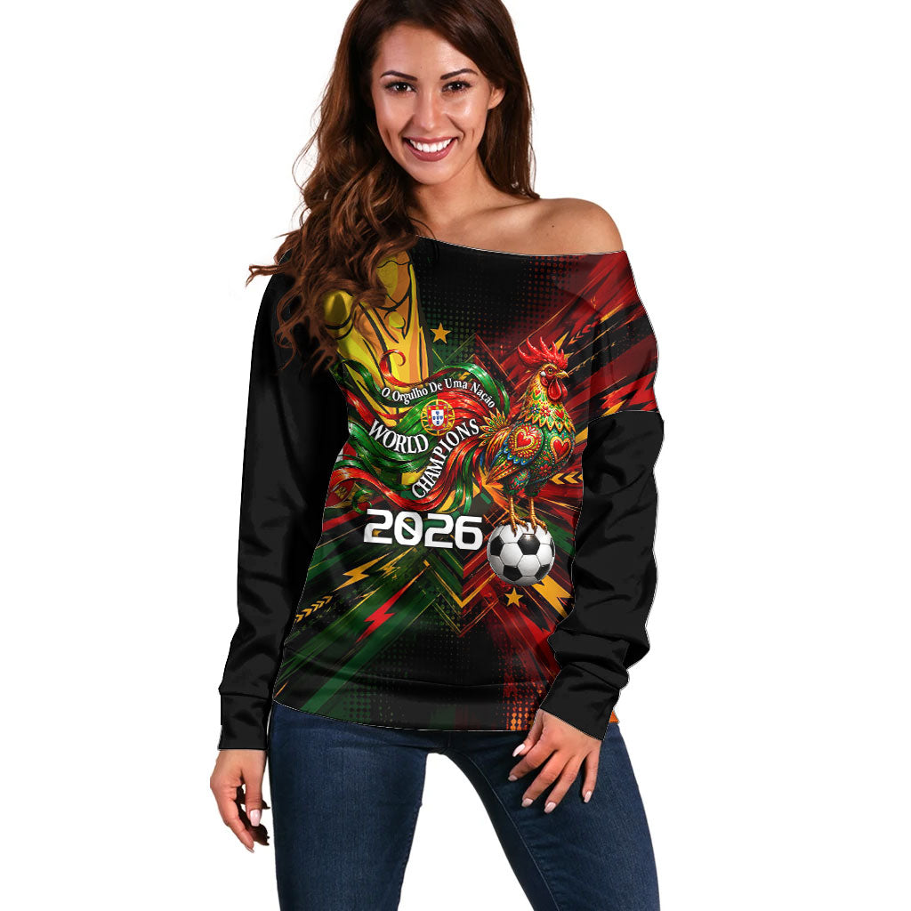 Personalized Portugal Football Champions 2026 Off Shoulder Sweater Rooster Mascot Comic Trophy Soccer Ball