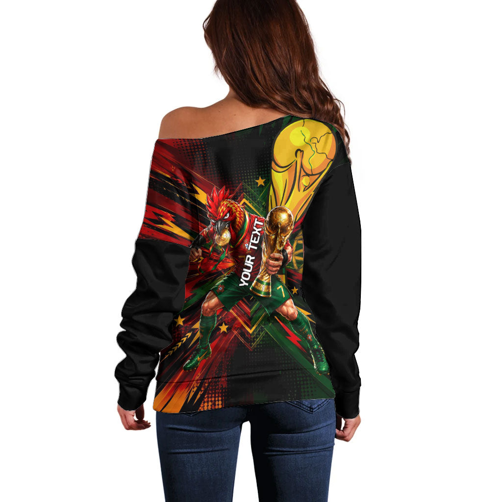 Personalized Portugal Football Champions 2026 Off Shoulder Sweater Rooster Mascot Comic Trophy Soccer Ball