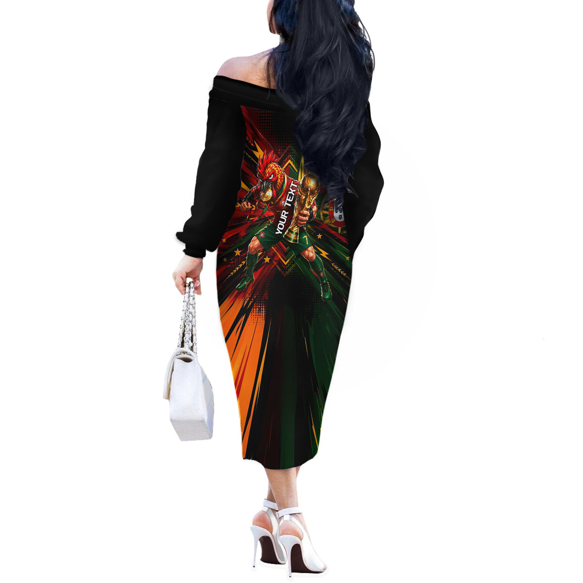 Personalized Portugal Football Champions 2026 Off The Shoulder Long Sleeve Dress Rooster Mascot Comic Trophy Soccer Ball