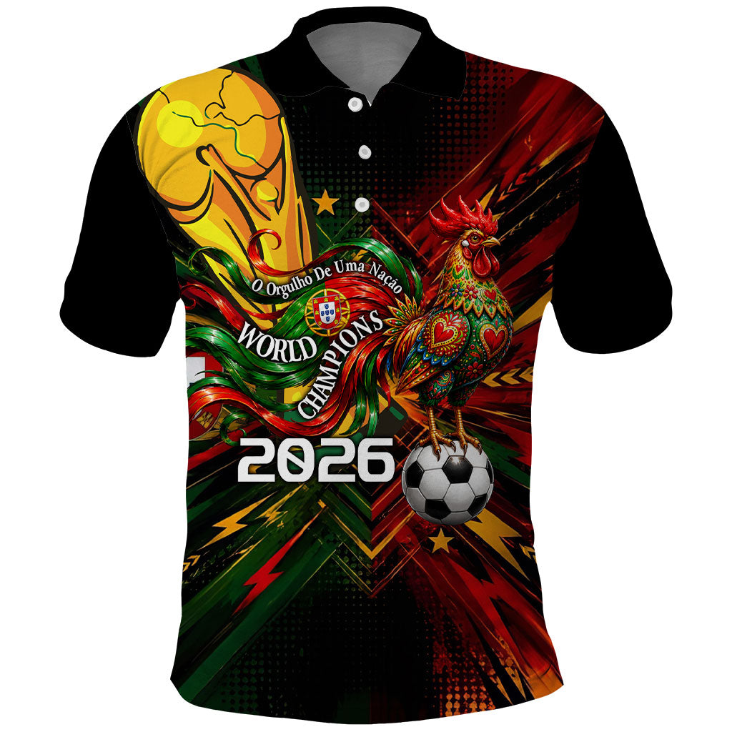 Personalized Portugal Football Champions 2026 Polo Shirt Rooster Mascot Comic Trophy Soccer Ball