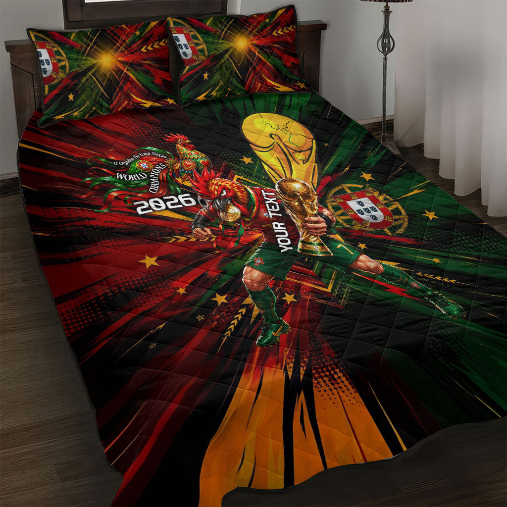 Personalized Portugal Football Champions 2026 Quilt Bed Set Rooster Mascot Comic Trophy Soccer Ball