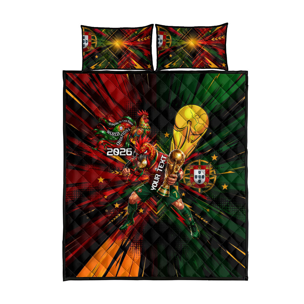 Personalized Portugal Football Champions 2026 Quilt Bed Set Rooster Mascot Comic Trophy Soccer Ball