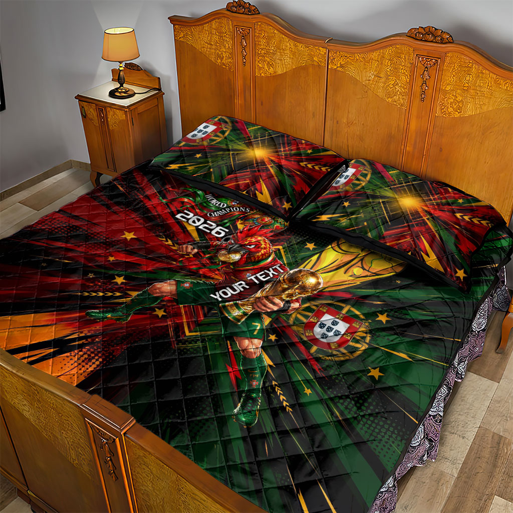 Personalized Portugal Football Champions 2026 Quilt Bed Set Rooster Mascot Comic Trophy Soccer Ball