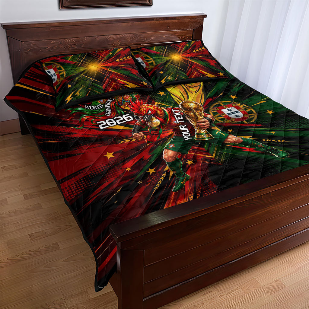 Personalized Portugal Football Champions 2026 Quilt Bed Set Rooster Mascot Comic Trophy Soccer Ball