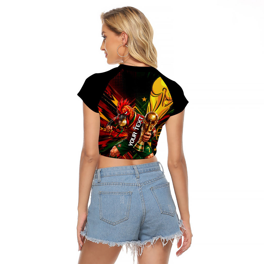 Personalized Portugal Football Champions 2026 Raglan Cropped T Shirt Rooster Mascot Comic Trophy Soccer Ball