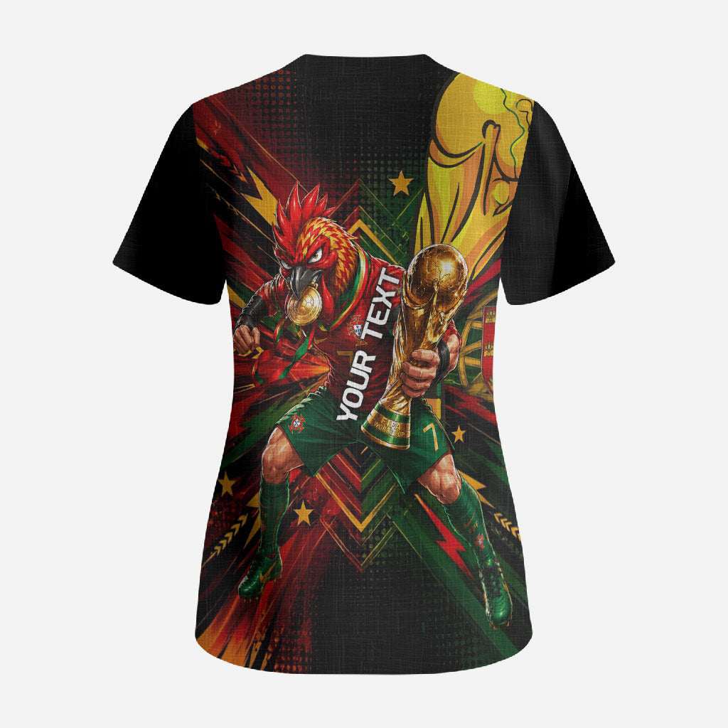 Personalized Portugal Football Champions 2026 Scrub Top Rooster Mascot Comic Trophy Soccer Ball