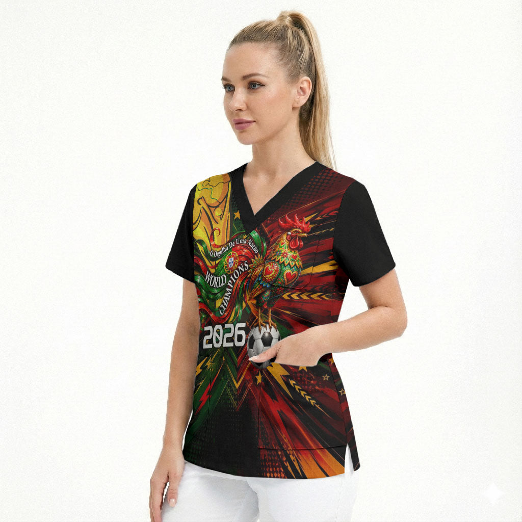 Personalized Portugal Football Champions 2026 Scrub Top Rooster Mascot Comic Trophy Soccer Ball