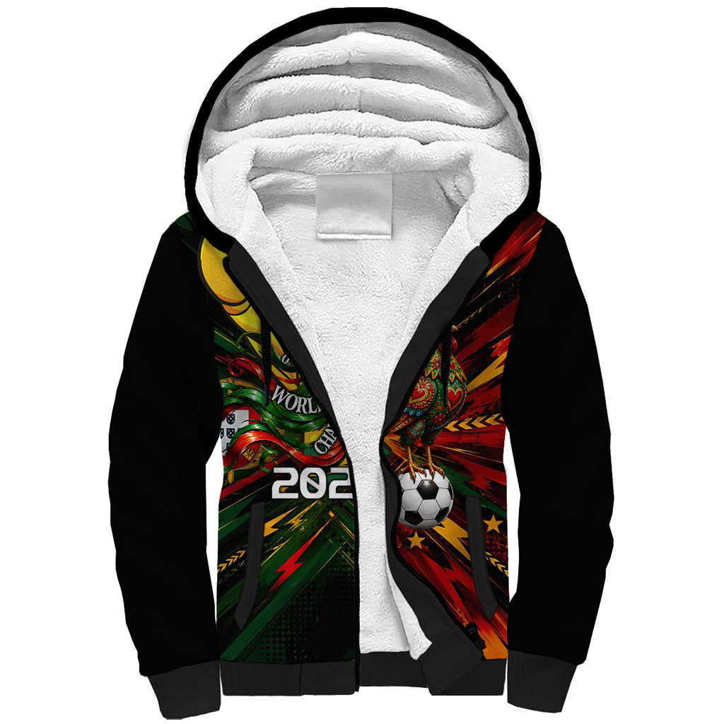 Personalized Portugal Football Champions 2026 Sherpa Hoodie Rooster Mascot Comic Trophy Soccer Ball