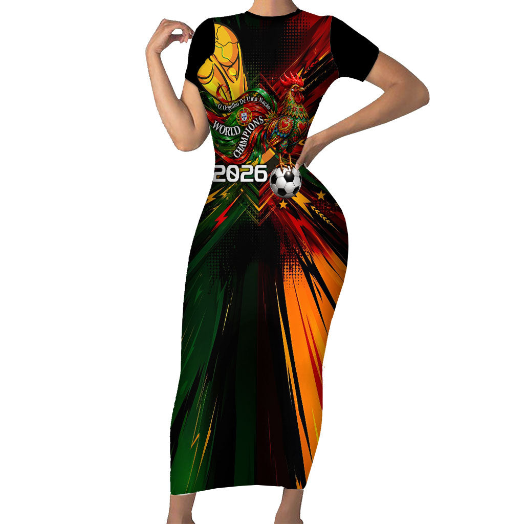 Personalized Portugal Football Champions 2026 Short Sleeve Bodycon Dress Rooster Mascot Comic Trophy Soccer Ball