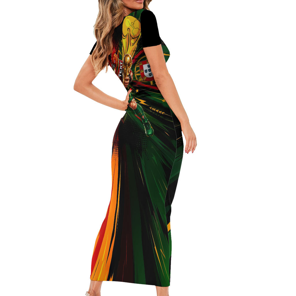 Personalized Portugal Football Champions 2026 Short Sleeve Bodycon Dress Rooster Mascot Comic Trophy Soccer Ball