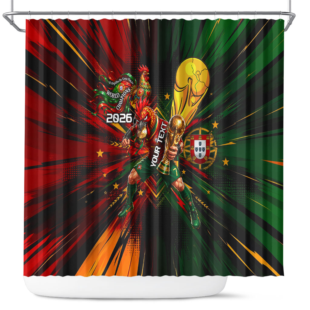Personalized Portugal Football Champions 2026 Shower Curtain Rooster Mascot Comic Trophy Soccer Ball