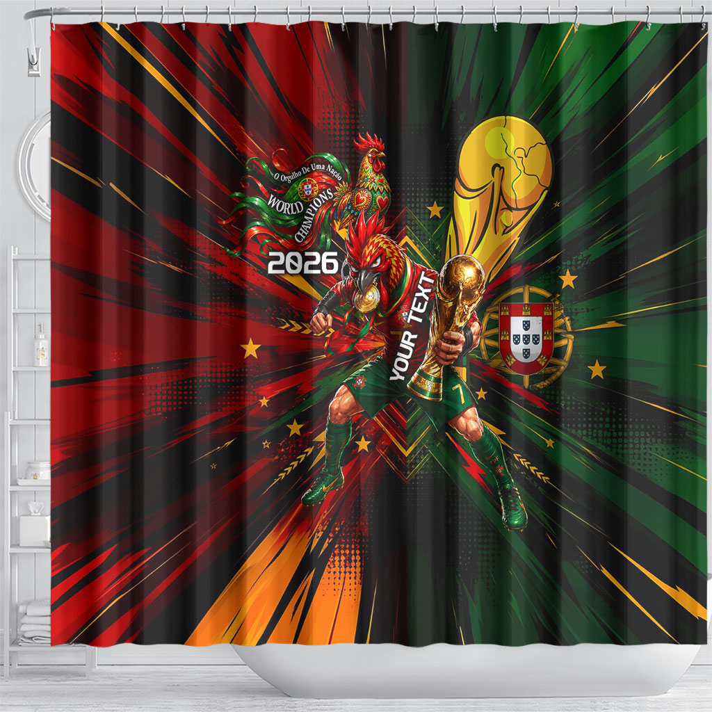 Personalized Portugal Football Champions 2026 Shower Curtain Rooster Mascot Comic Trophy Soccer Ball
