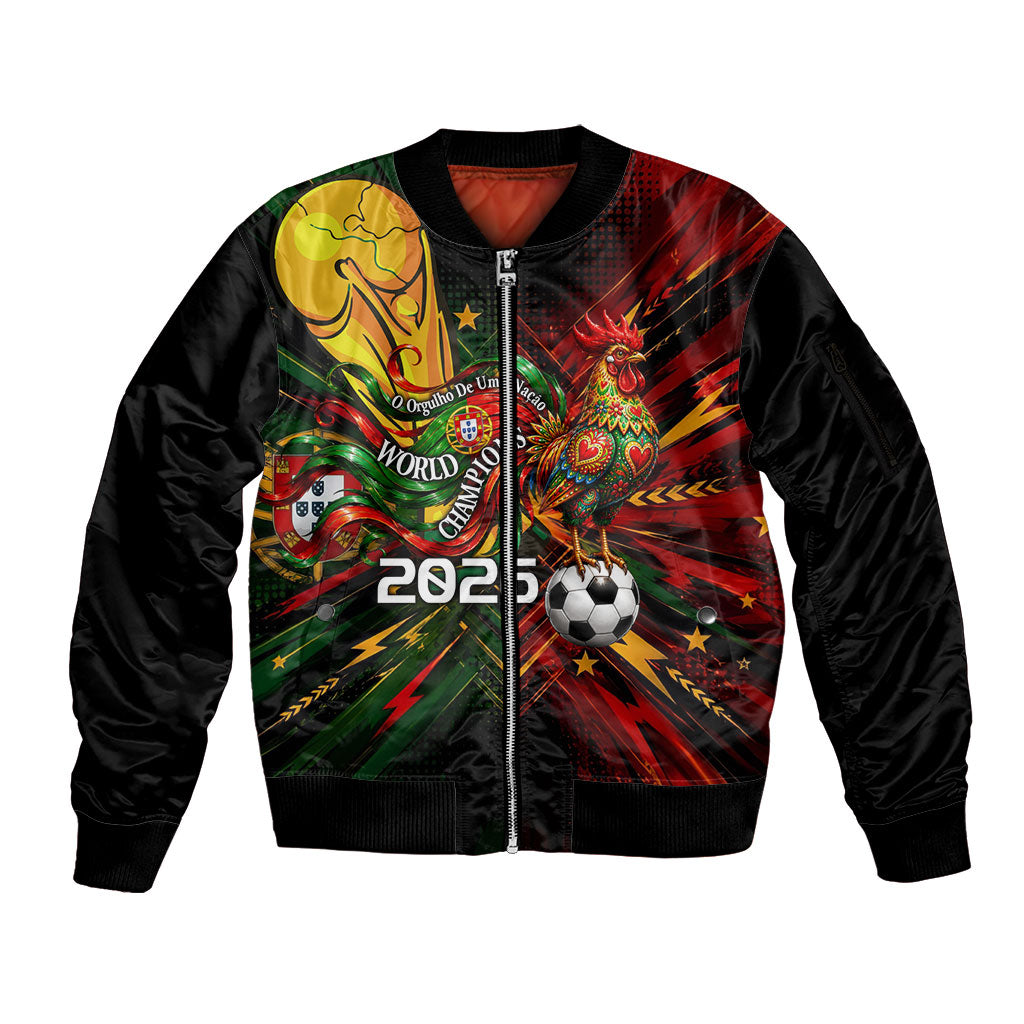 Personalized Portugal Football Champions 2026 Sleeve Zip Bomber Jacket Rooster Mascot Comic Trophy Soccer Ball