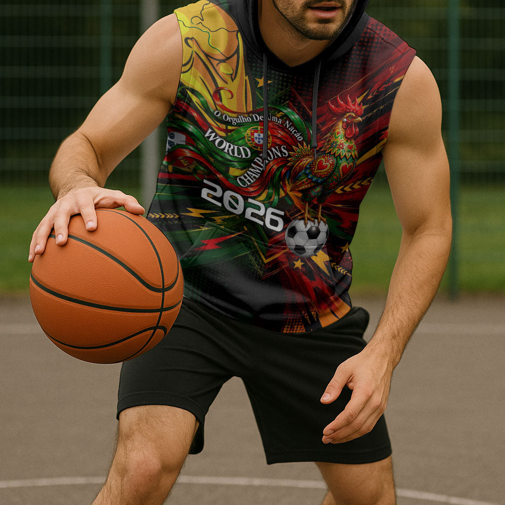Personalized Portugal Football Champions 2026 Sleeveless Hoodie Rooster Mascot Comic Trophy Soccer Ball