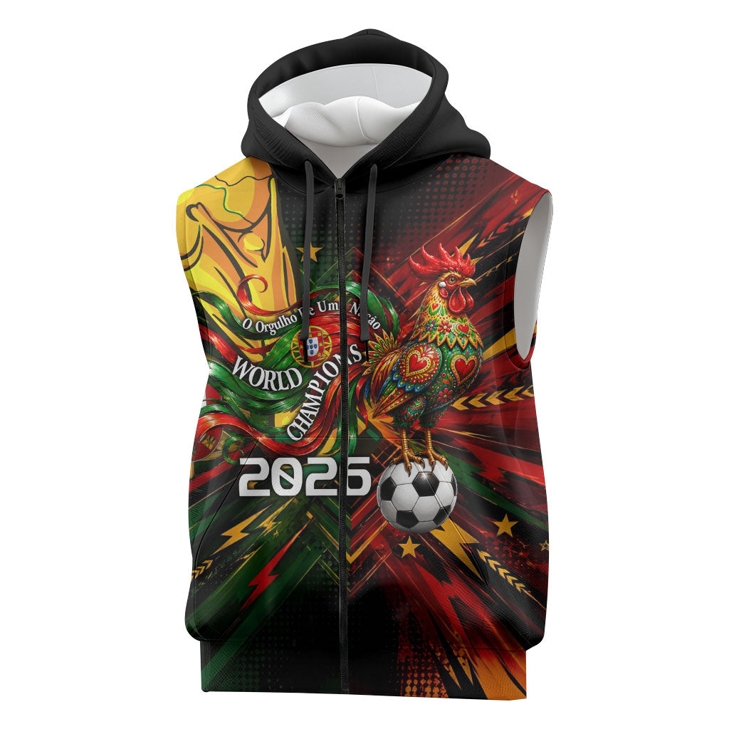 Personalized Portugal Football Champions 2026 Sleeveless Zip Hoodie Rooster Mascot Comic Trophy Soccer Ball