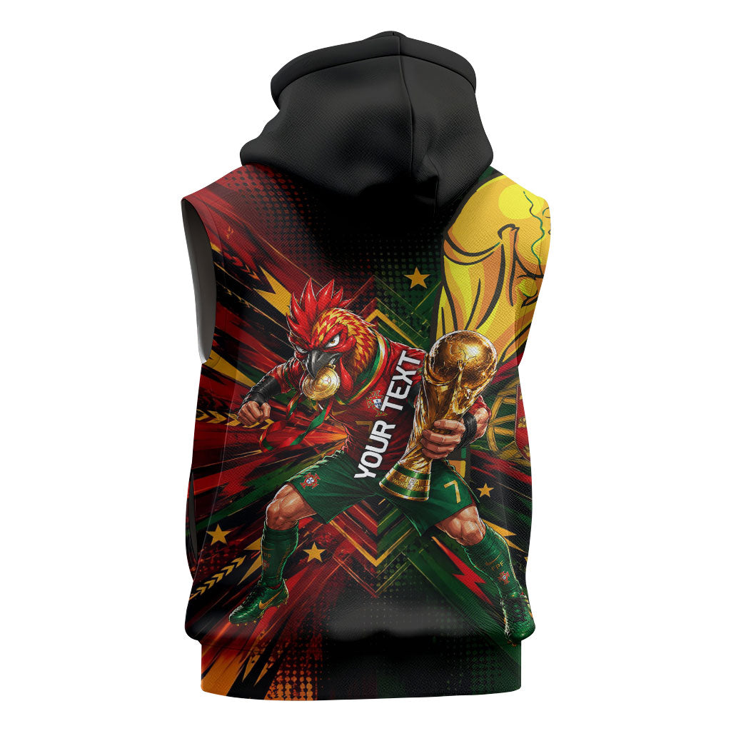 Personalized Portugal Football Champions 2026 Sleeveless Zip Hoodie Rooster Mascot Comic Trophy Soccer Ball