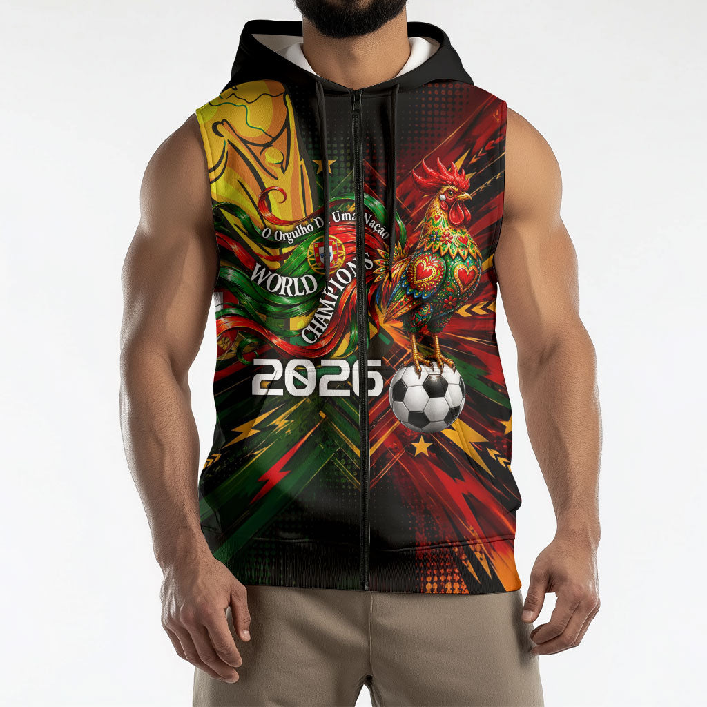 Personalized Portugal Football Champions 2026 Sleeveless Zip Hoodie Rooster Mascot Comic Trophy Soccer Ball