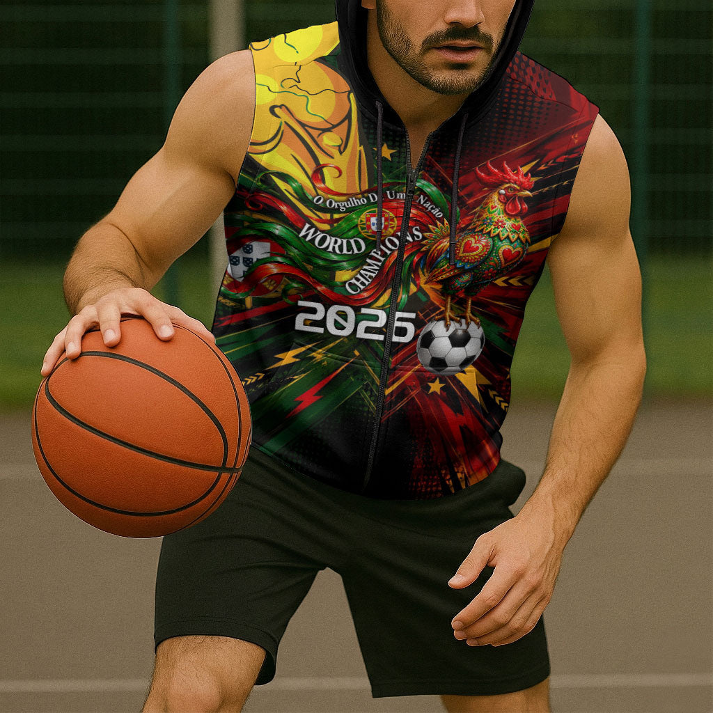 Personalized Portugal Football Champions 2026 Sleeveless Zip Hoodie Rooster Mascot Comic Trophy Soccer Ball