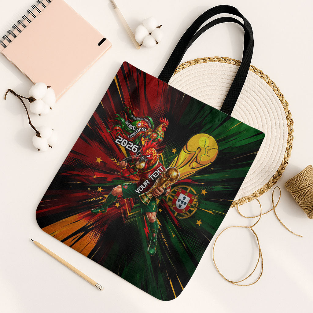 Personalized Portugal Football Champions 2026 Tote Bag Rooster Mascot Comic Trophy Soccer Ball