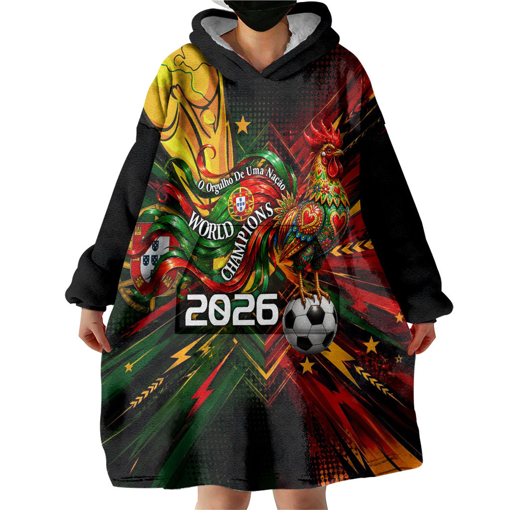 Personalized Portugal Football Champions 2026 Wearable Blanket Hoodie Rooster Mascot Comic Trophy Soccer Ball